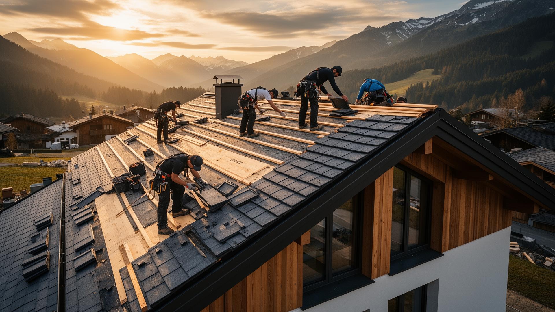 Dachdecker bei der Arbeit auf einem modernen Dach in den Alpen